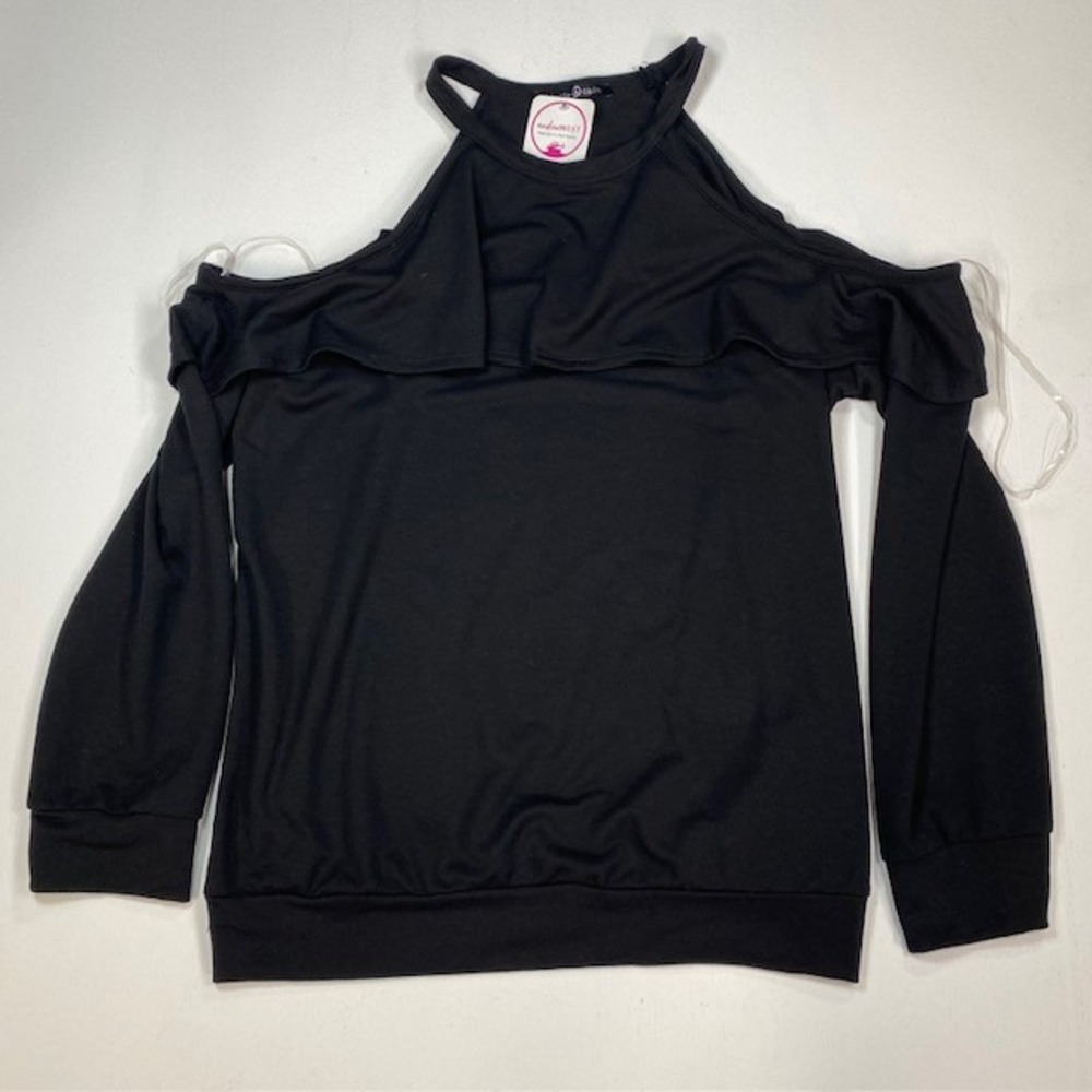 Hippie Chic Black Cold Shoulder Ruffle Halter Top Long Sleeve XL‎ NEW